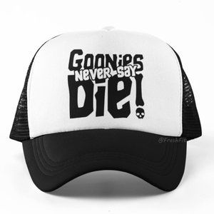 🆕Goonies Never Say Die Foam Trucker Hat Mesh Snapback Cap Black/White